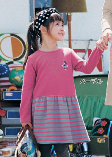 日本千趣會 一件式內刷毛女孩條紋洋裝-桃紅米妮 120cm