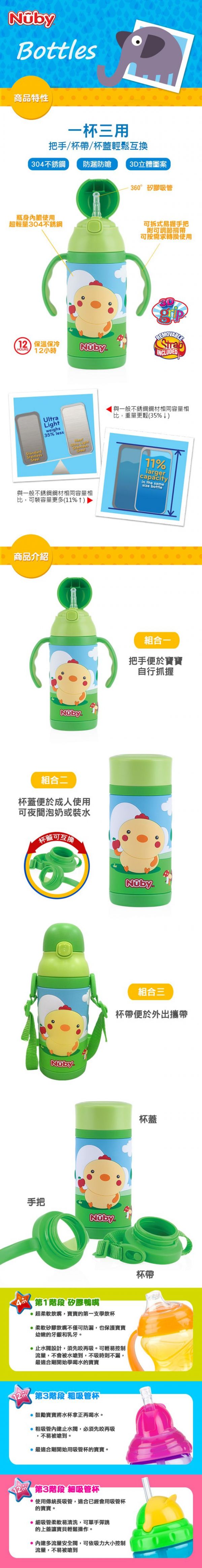 Nuby - 3D超輕量不銹鋼真空學習杯-兒童水壺-雞-綠-385ml 細吸管