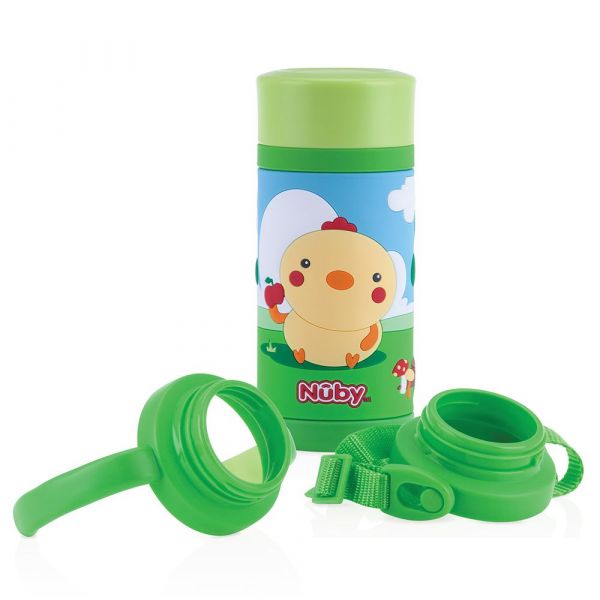 Nuby - 3D超輕量不銹鋼真空學習杯-兒童水壺-雞-綠-385ml 細吸管
