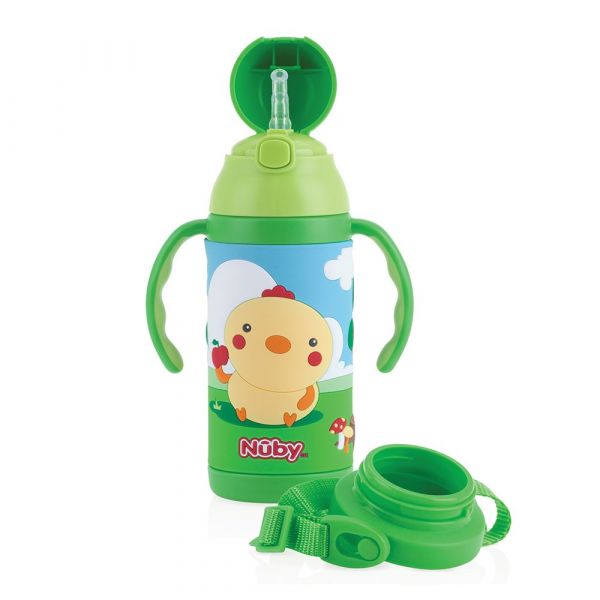 Nuby - 3D超輕量不銹鋼真空學習杯-兒童水壺-雞-綠-385ml 細吸管