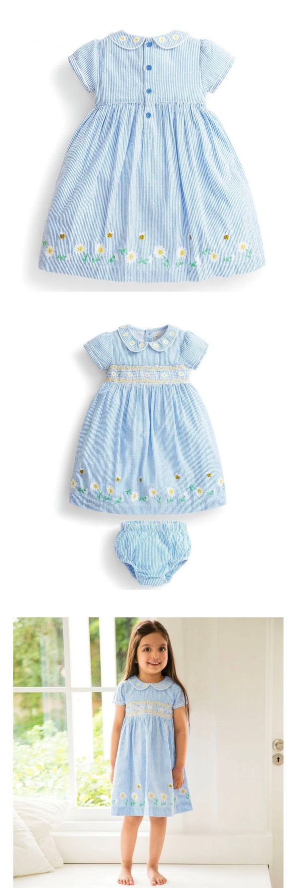 英國 JoJo Maman BeBe - 嬰幼兒/兒童100% 純棉短袖洋裝-藍色條紋雛菊