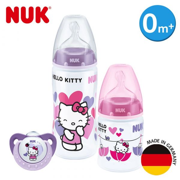 德國 NUK - 寬口徑PP奶瓶-Hello Kitty-安撫奶嘴0m+超值組-顏色隨機出貨-150ml+300ml寬口徑PP奶瓶+安撫奶嘴