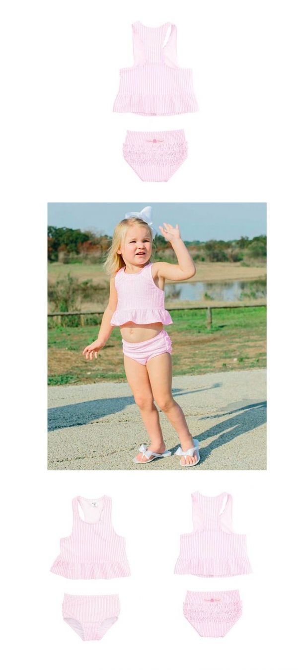 美國 RuffleButts - 小女童比基尼泳裝-淡粉條紋