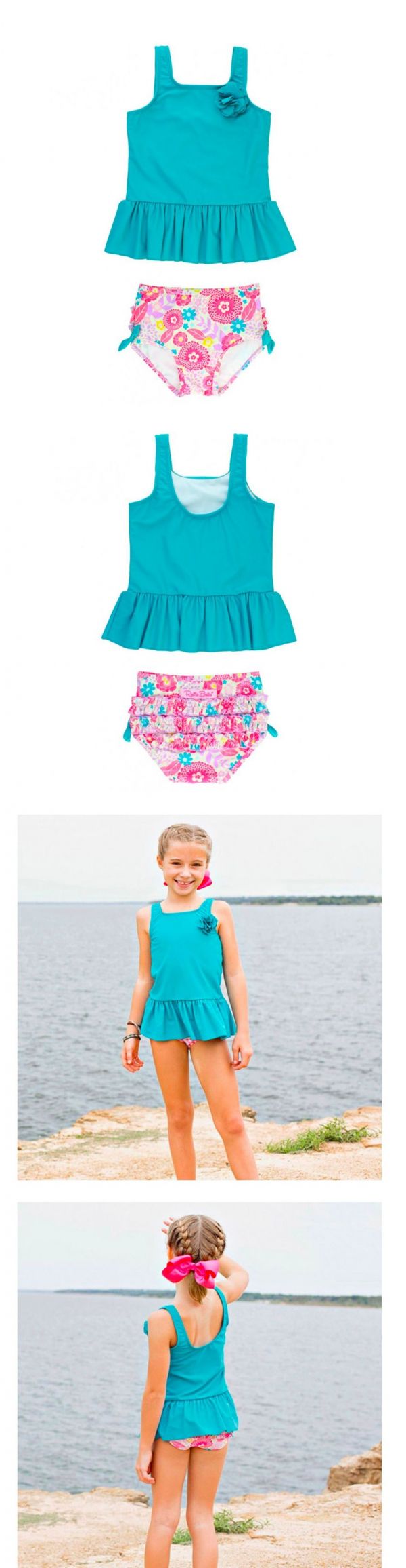 美國 RuffleButts - 小女童無袖比基尼泳裝-素面綠