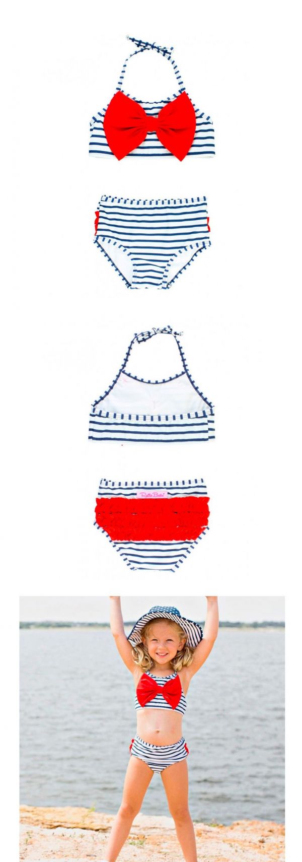美國 RuffleButts - 小女童無袖比基尼泳裝-紅蝴蝶結條紋