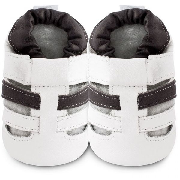 英國 shooshoos - 健康無毒真皮手工鞋/學步鞋/嬰兒鞋/室內鞋/室內保暖鞋-白/黑線條涼鞋