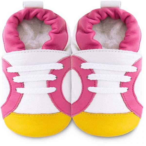 英國 shooshoos - 健康無毒真皮手工鞋/學步鞋/嬰兒鞋/室內鞋/室內保暖鞋-白底/粉黃運動型