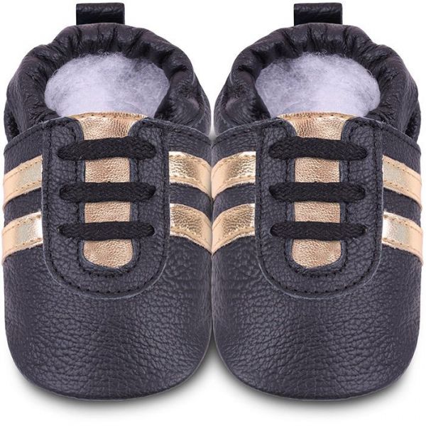 英國 shooshoos - 健康無毒真皮手工鞋/學步鞋/嬰兒鞋/室內鞋/室內保暖鞋-黑色金鞋帶運動型