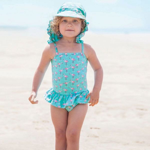 英國 JoJo Maman BeBe - 嬰幼兒/兒童UPF50+防曬護頸遮陽帽-紅鶴玩水