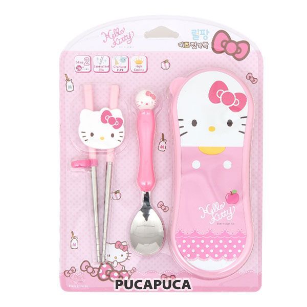 韓國 Lilfant - 學習筷＋湯匙組-粉紅Hello Kitty-附收納盒