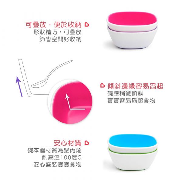 美國 munchkin - A+B超值組：防滑碗2入(粉/紫) + 送左右手幼兒學習湯匙2入(粉/紫)