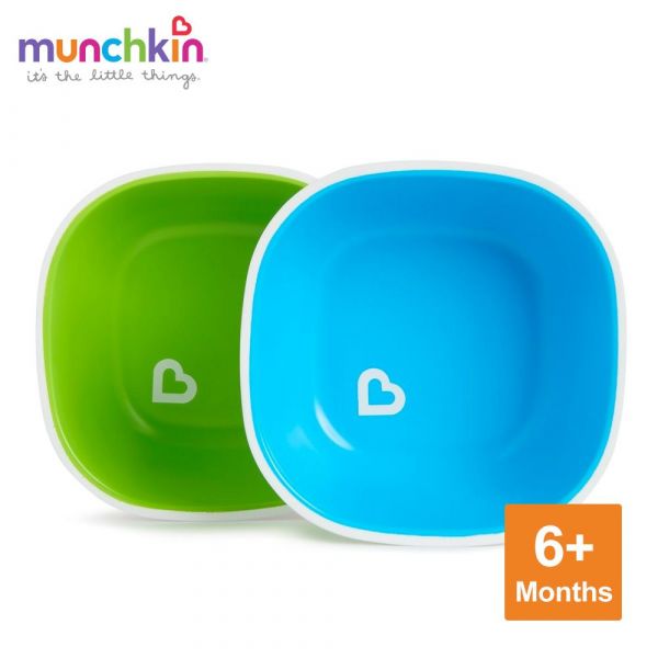 美國 munchkin - A+B超值組：防滑碗2入(綠/藍) + 送左右手幼兒學習湯匙2入(藍/綠)