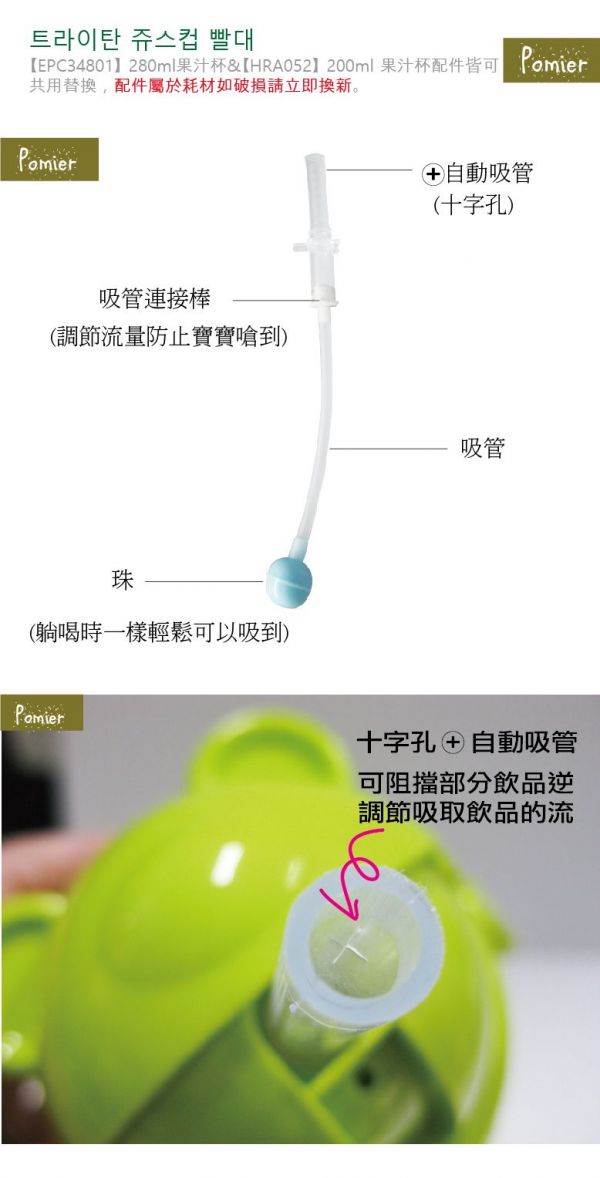 韓國 Pomier 朴蜜兒 - 韓製 HAPPYLAND Tritan 防脹氣十字孔自動果汁杯-十字孔吸管配件-200mL/280mL通用