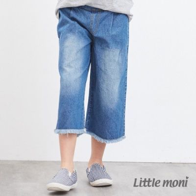 麗嬰房 Little moni - 丹寧牛仔流蘇鬚邊寬褲-亮天藍