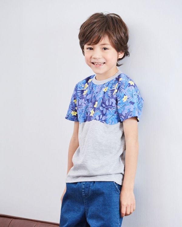 麗嬰房 Little moni - 夏日叢林印圖棉T-麻花灰