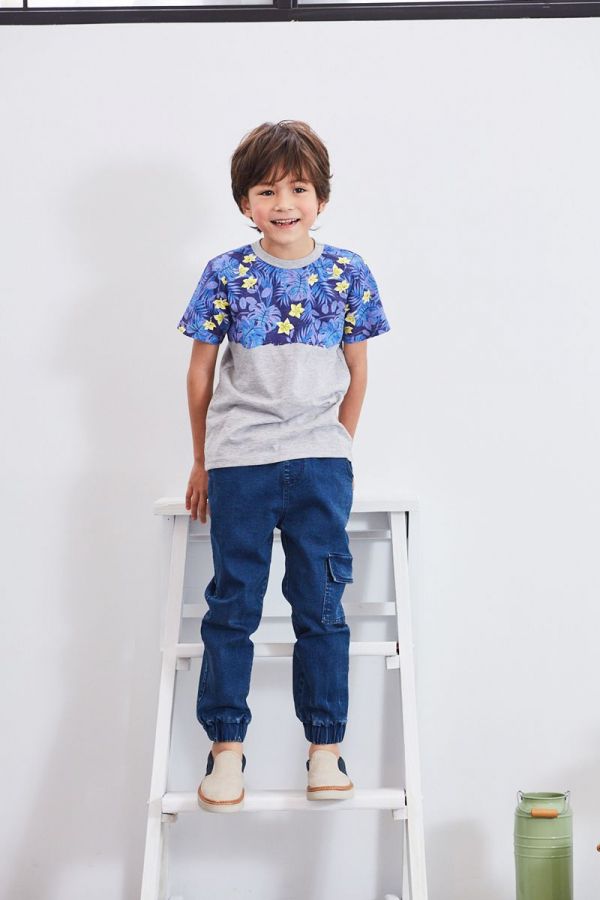 麗嬰房 Little moni - 夏日叢林印圖棉T-麻花灰