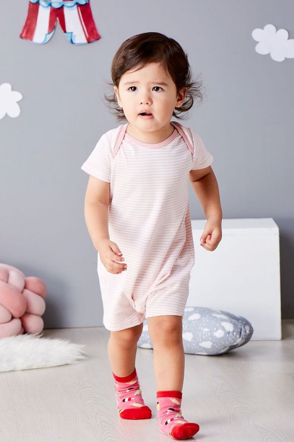 麗嬰房 Little moni - 純棉家居系列條紋短袖連身裝-淺珊瑚
