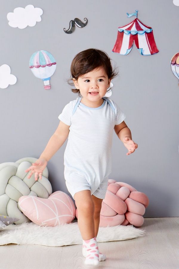 麗嬰房 Little moni - 純棉家居系列條紋短袖連身裝-粉紫藍