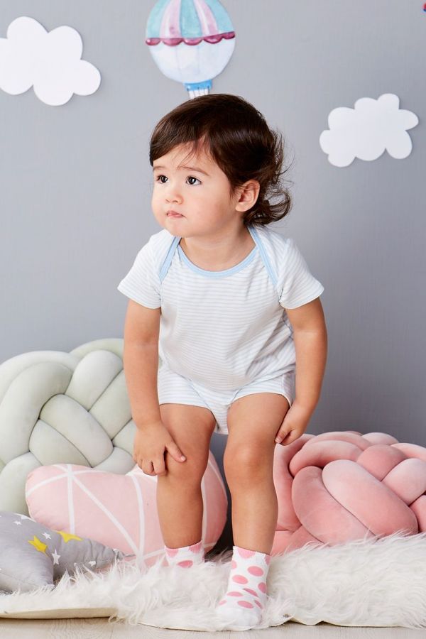 麗嬰房 Little moni - 純棉家居系列條紋短袖連身裝-粉紫藍