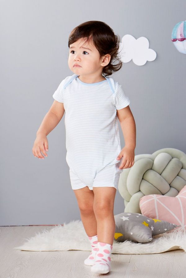 麗嬰房 Little moni - 純棉家居系列條紋短袖連身裝-粉紫藍
