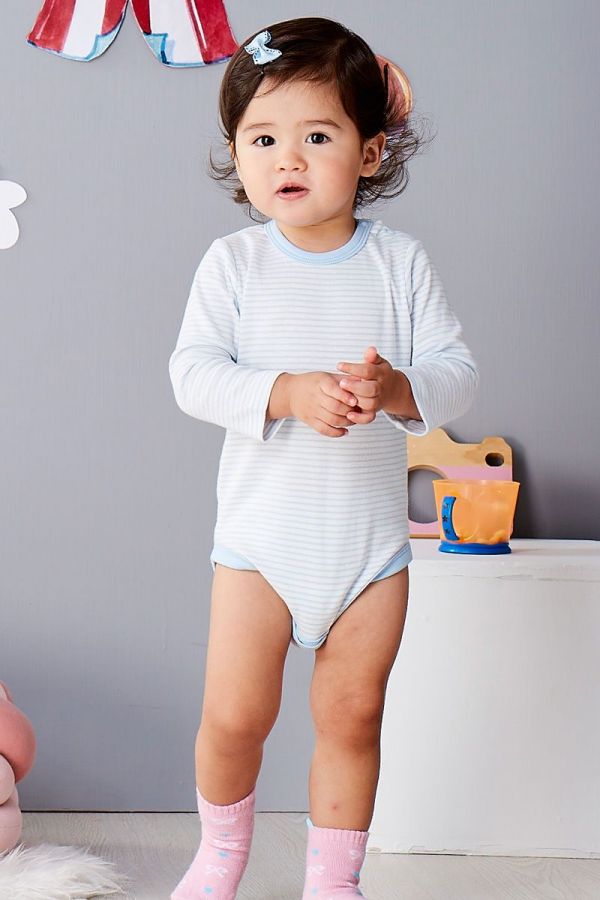 麗嬰房 Little moni - 純棉家居系列條紋長袖包屁衣-粉紫藍