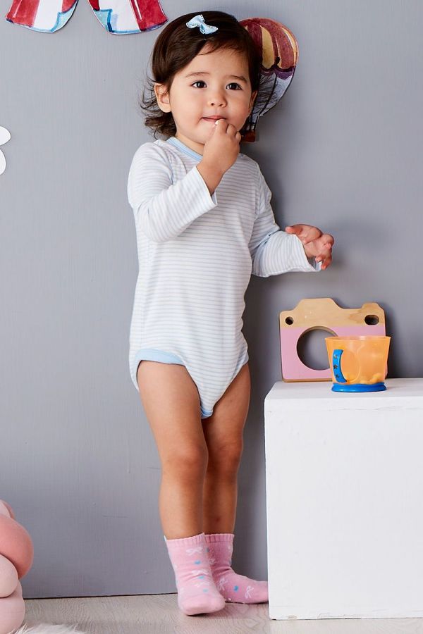 麗嬰房 Little moni - 純棉家居系列條紋長袖包屁衣-粉紫藍