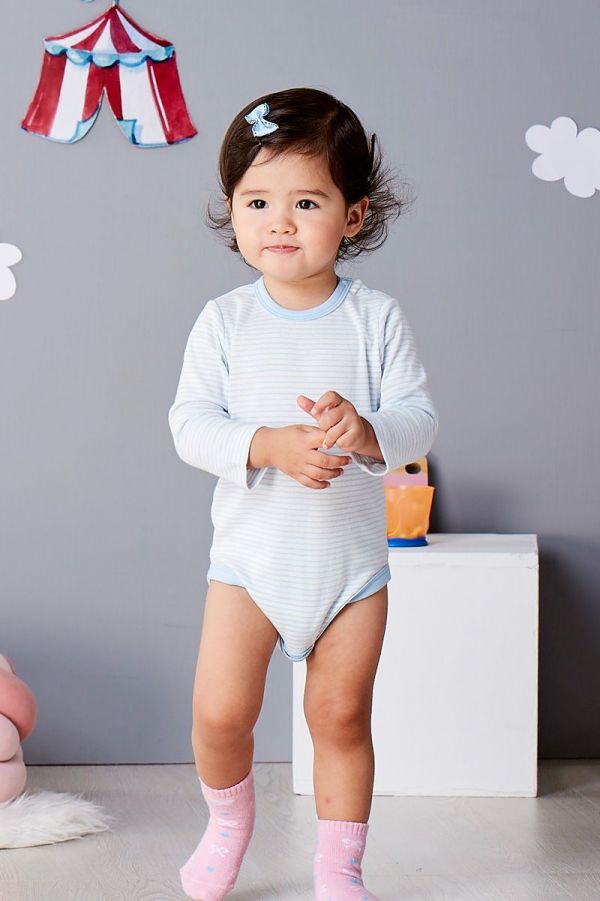 麗嬰房 Little moni - 純棉家居系列條紋長袖包屁衣-粉紫藍