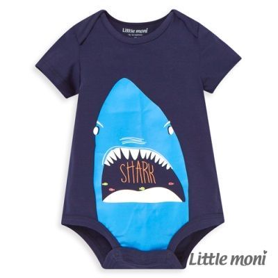 麗嬰房 Little moni - 鯊魚印圖短袖包屁衣-深藍