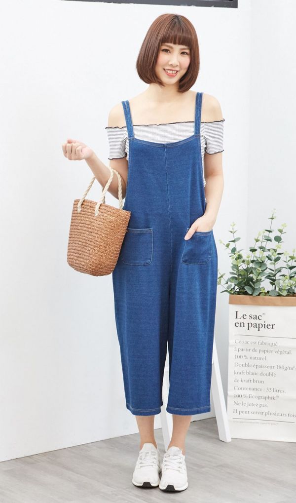 麗嬰房 Little moni - 針織牛仔吊帶連身褲-牛仔藍 (F)