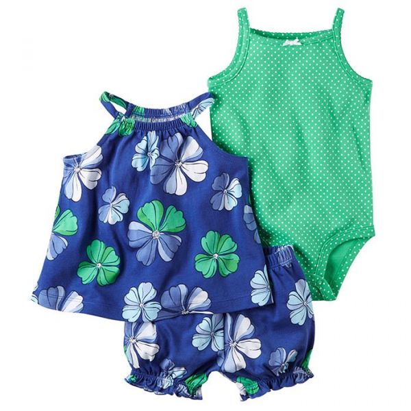 美國 Carter's - 嬰幼兒短褲套裝三件組-藍色的花