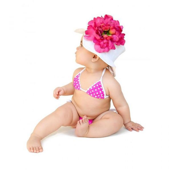 美國 Jamie Rae - 100%純棉帽-白色遮陽帽+覆盆子大牡丹