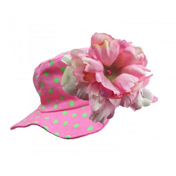 美國 Jamie Rae - 100%純棉帽-糖果粉點點遮陽帽+糖果粉牡丹