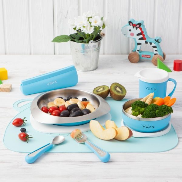 VIIDA - Soufflé抗菌不鏽鋼兒童叉匙組-叉子.湯匙-藍-6個月以上