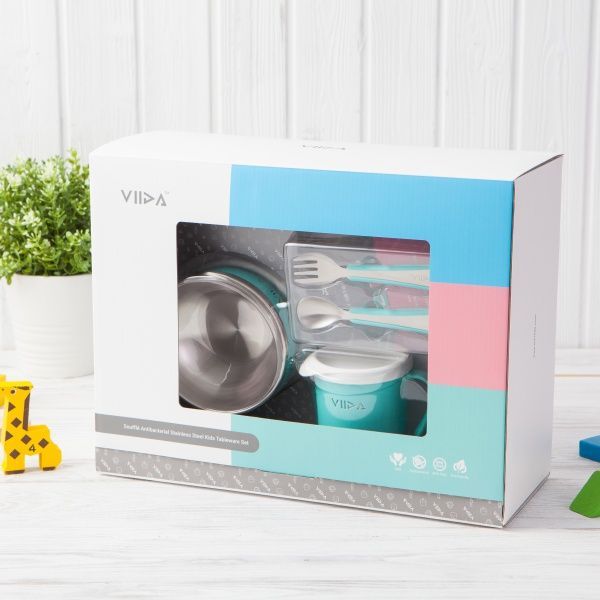VIIDA - Soufflé抗菌不鏽鋼兒童叉匙組-叉子.湯匙-綠-6個月以上