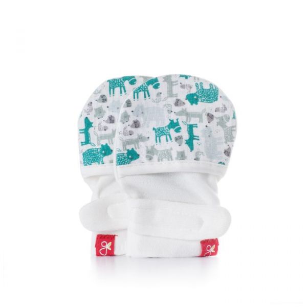 美國 GOUMIKIDS - 有機棉嬰兒手套-叢林動物-淺綠