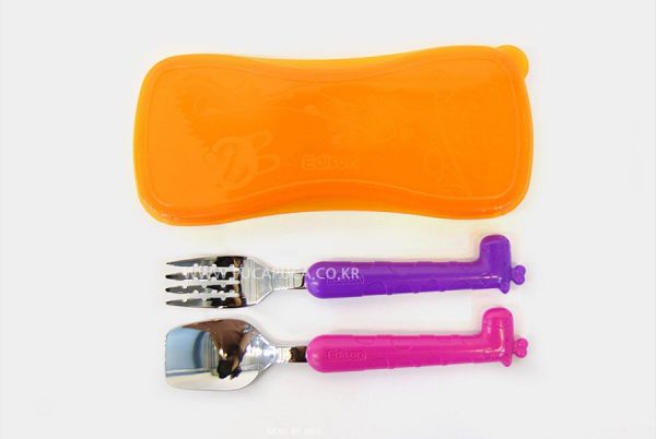EDISON 愛迪生 - 學習湯匙＋叉子組-長頸鹿-粉紫-附收納盒