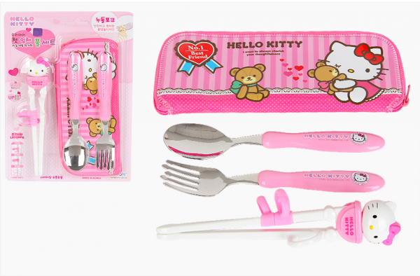韓國 Raon - 學習餐具三件組-Kitty-附收納袋
