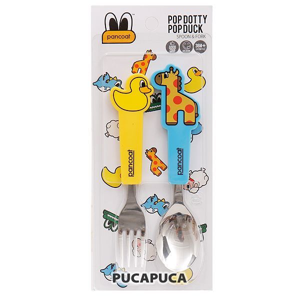 韓國 Pancoat - 學習湯匙＋叉子組-Popdotty&Popduck