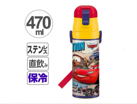 日本 SKATER - 超輕量不銹鋼保溫保冷直飲式水壺(附斜背帶)-Cars-470ml