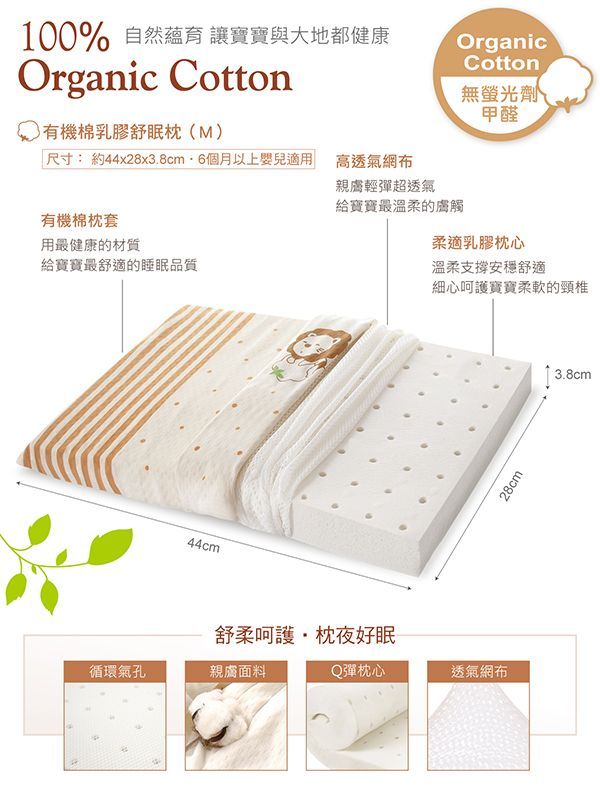 Simba 小獅王辛巴 - 有機棉乳膠舒眠枕 (M)-約44x28x3.8cm