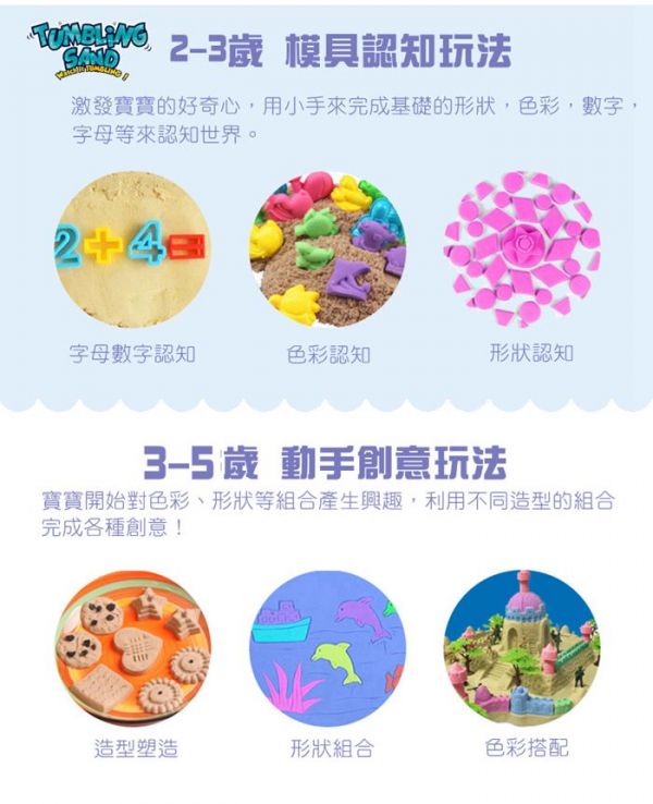 TUMBLING SAND 翻滾動力沙 - 5公斤認知學習升級組-5kg沙(原色)+收納箱(顏色隨機)+方形充氣沙盤+小城堡4件組+英文字母26件組+數字15件組+幾何圖形6件組
