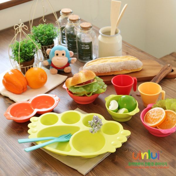 韓國 Uinlui - 寶寶天使餐盤-海藍色-7件式禮品套組