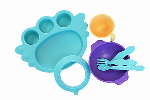 韓國 Uinlui - 寶寶天使餐盤-海藍色-7件式禮品套組