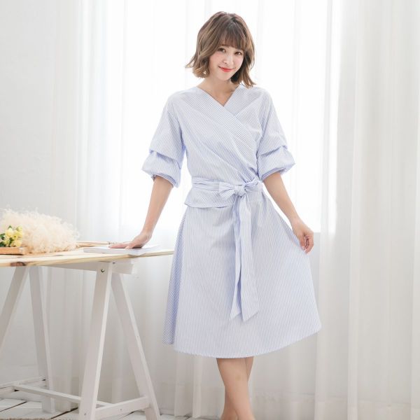 Marguerite - 藍天使條紋洋裝-淺藍