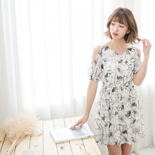 Marguerite - 夢幻梨花蕾絲露肩洋裝-白