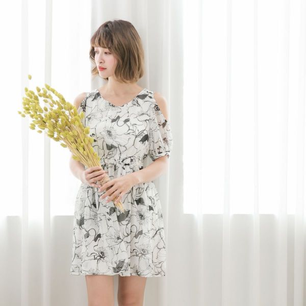 Marguerite - 夢幻梨花蕾絲露肩洋裝-白