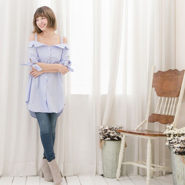 Marguerite - 南法風情露肩襯衫-藍