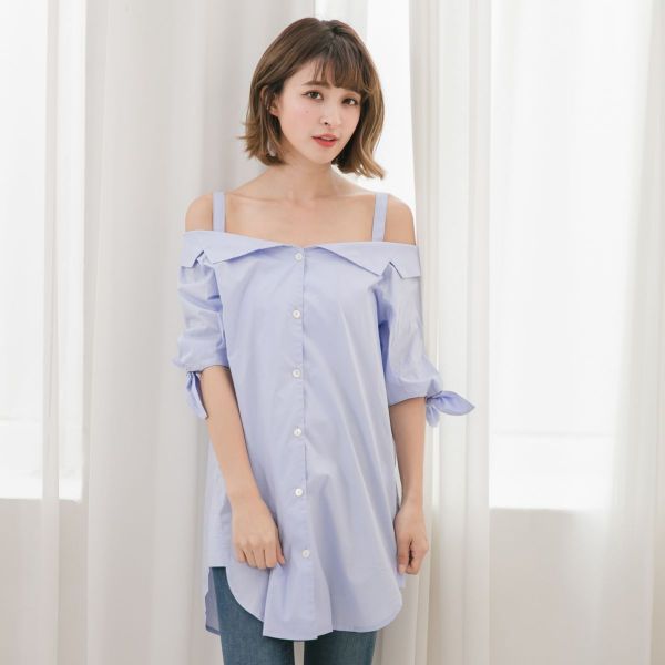 Marguerite - 南法風情露肩襯衫-藍