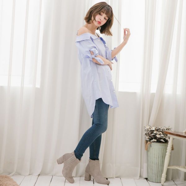 Marguerite - 南法風情露肩襯衫-藍