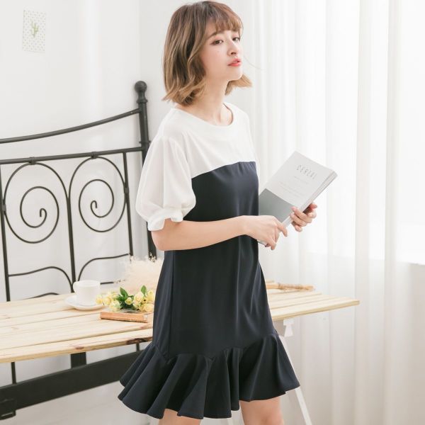 Marguerite - 公主袖魚尾典雅洋裝-黑